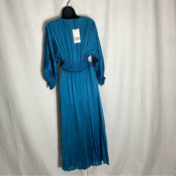ZARA WRINKLE LOOK SATIN EFFECT MIDI DRESS Blue Steel Size M - Picture 12 of 16